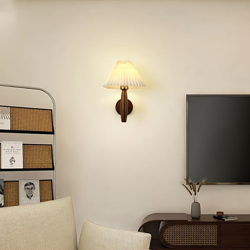 Nordic Wooden Wall Sconce | Retro Bedside Wall Lamp with Pleated Shade