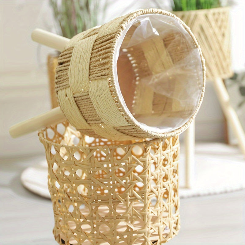 Boho Bambus Geflochtener Blumenständer | Handgefertigter Rattan-Pflanzer mit Holzbeinen
