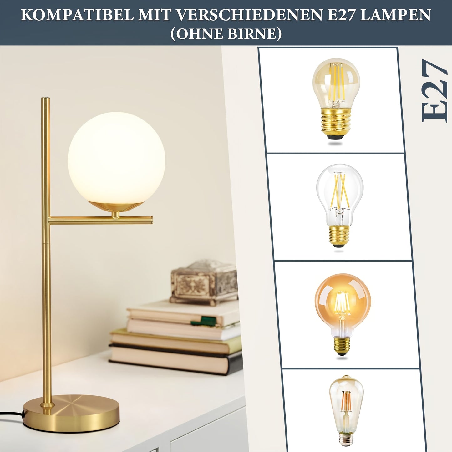 Moderne gylden bordlampe | Hvid glasglobus design