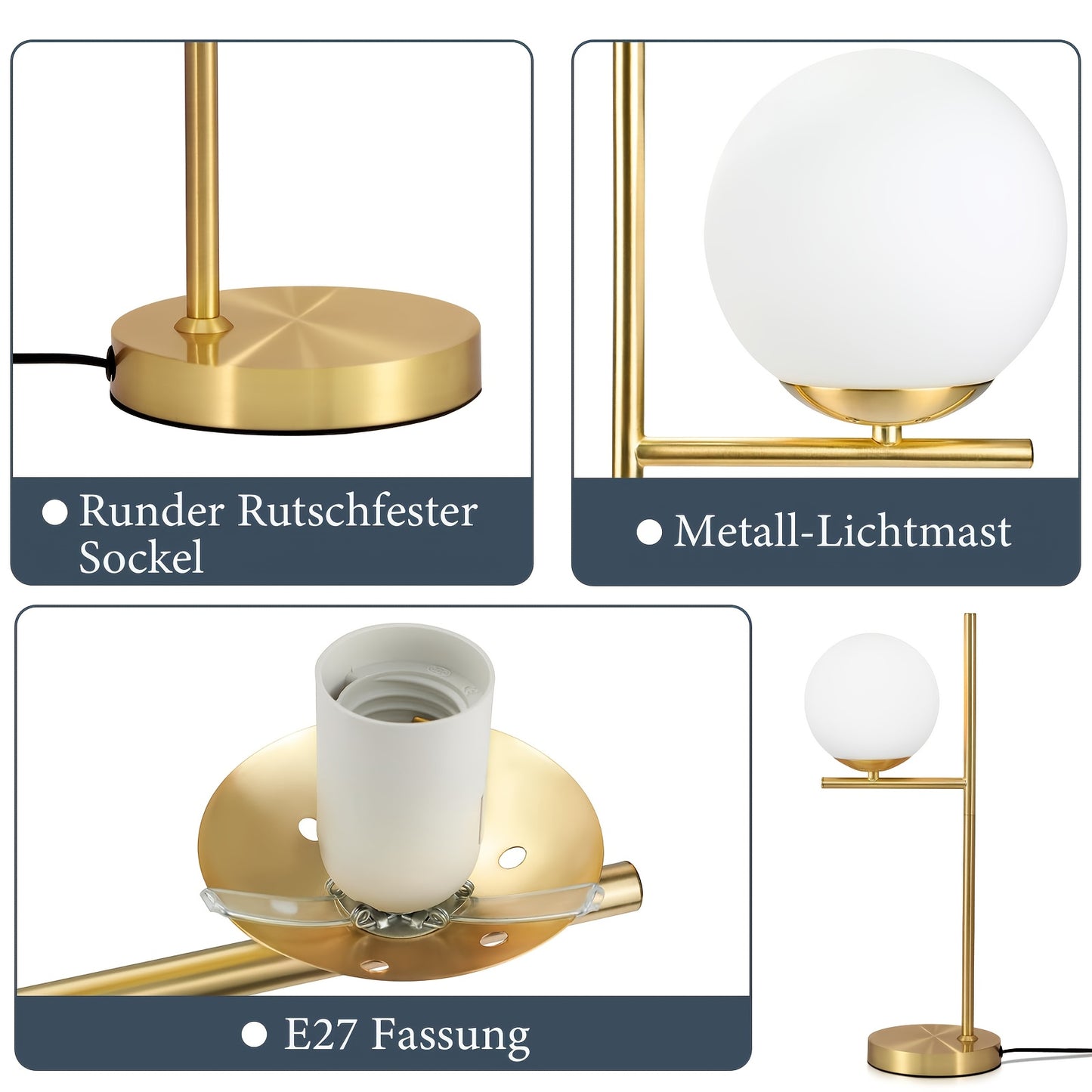 Moderne gylden bordlampe | Hvid glasglobus design