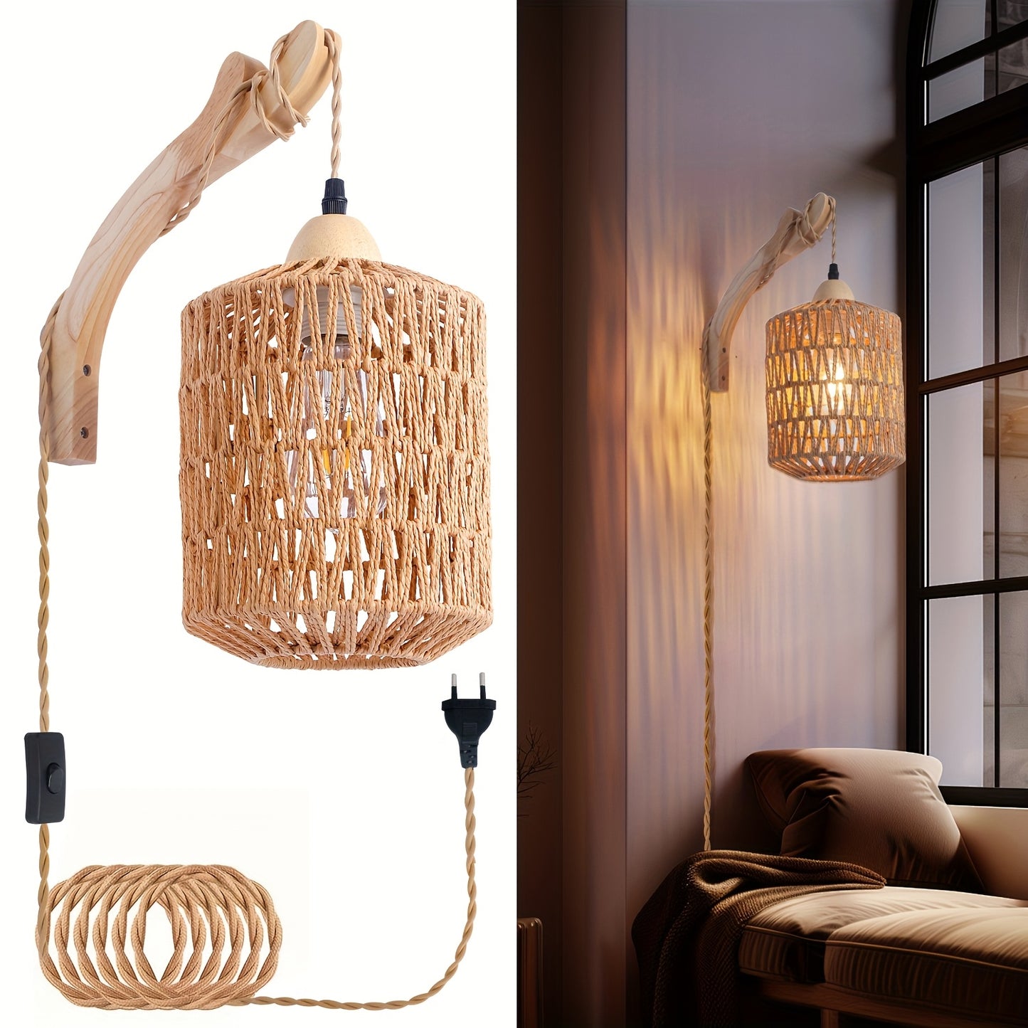 Boho Holz- und Rattan-Wandlampe | Handgewebte Steckerleuchte