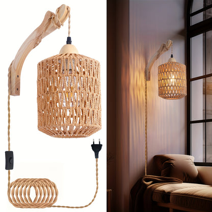 Boho Holz- und Rattan-Wandlampe | Handgewebte Steckerleuchte