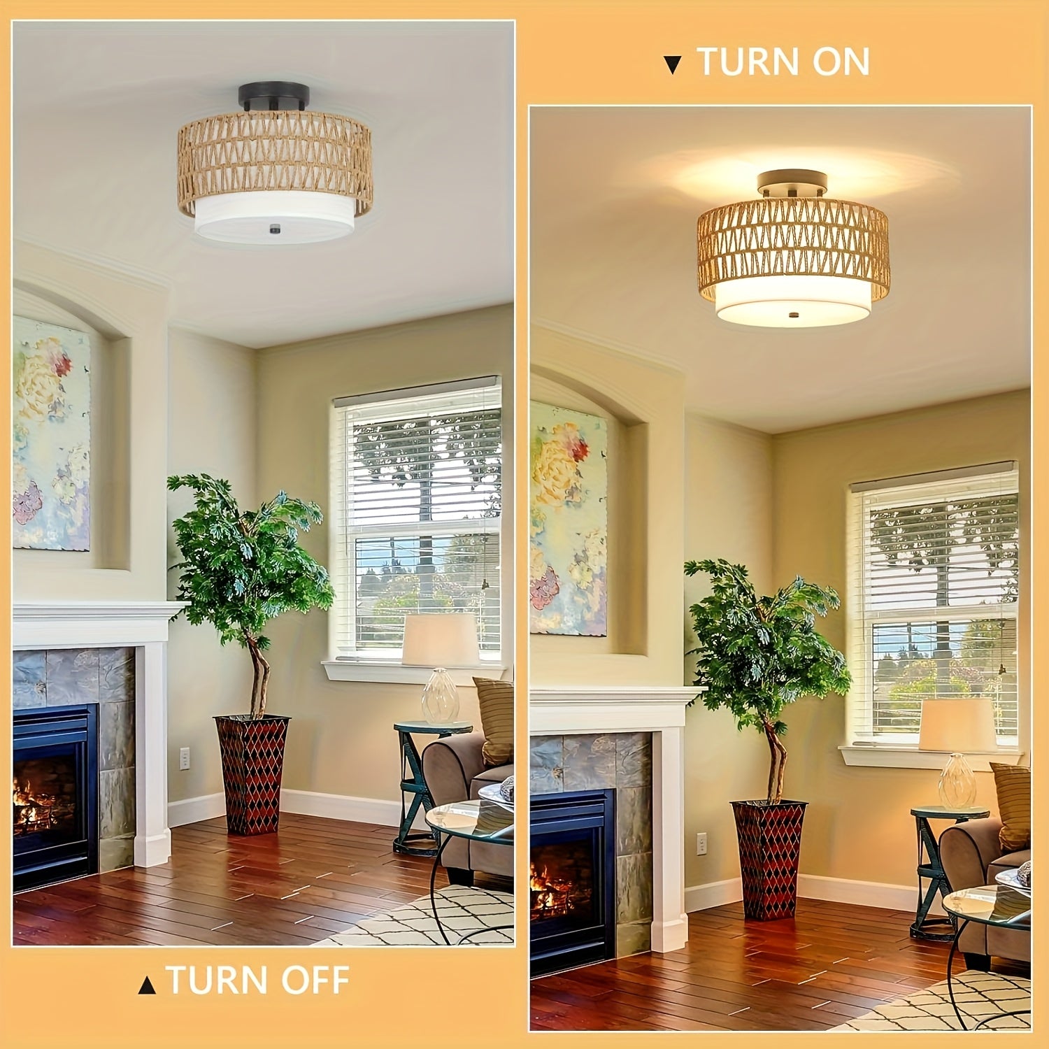 Boho Rattan Ceiling Light | Semi-Flush Mount with Linen Shade