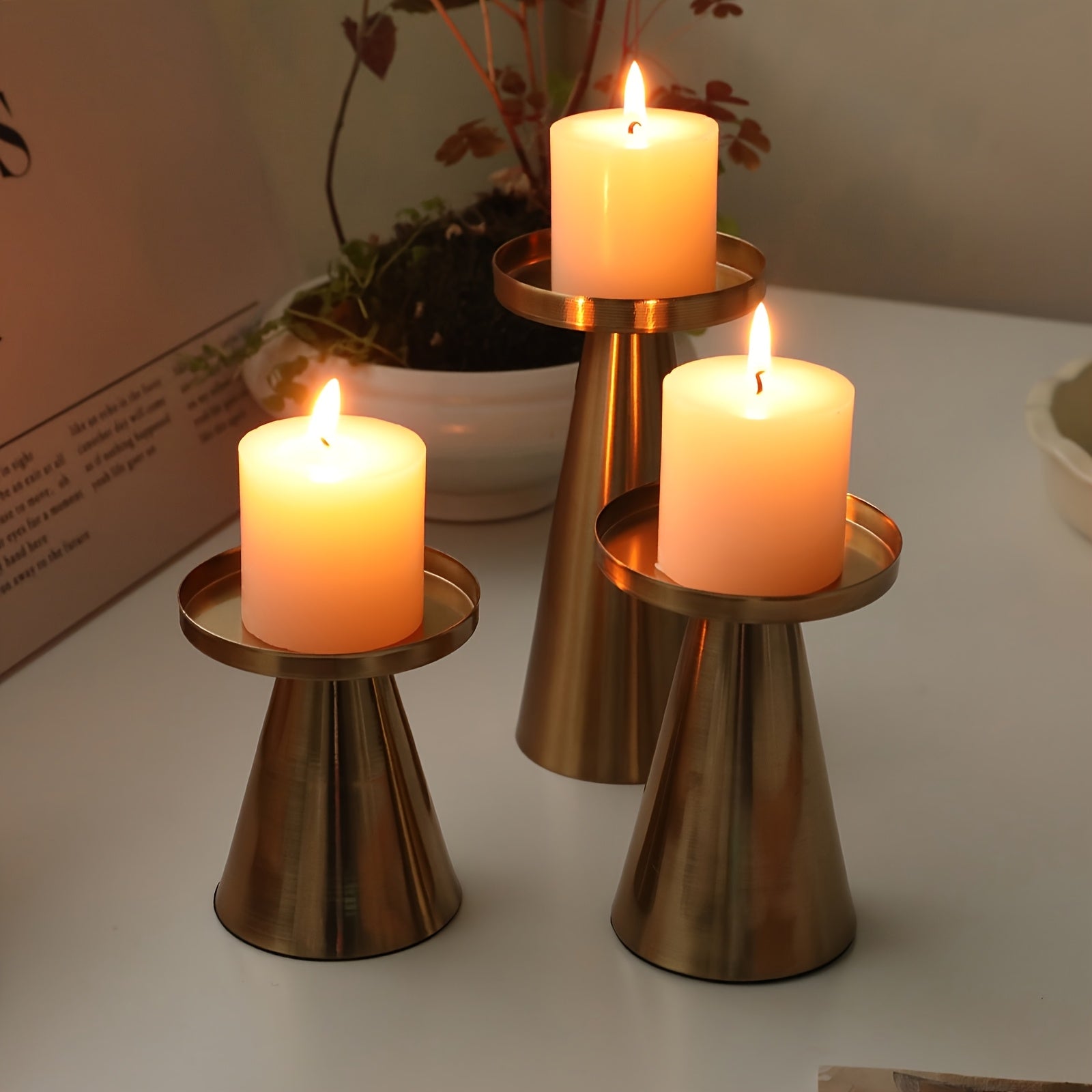Metallic Cone Candle Holders | Set of 3 Bronze Table Centrepieces