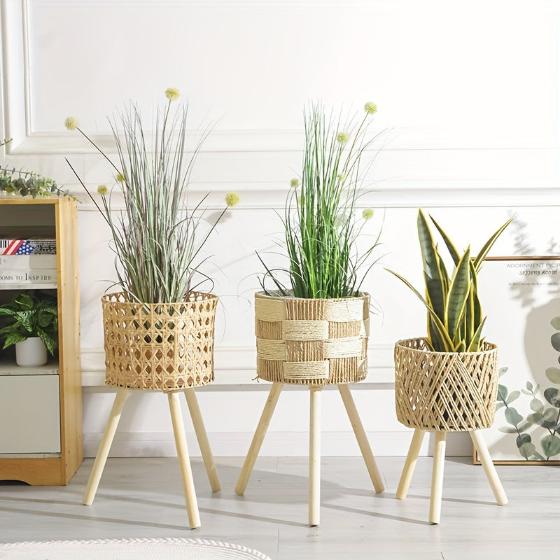 Boho Bambus Geflochtener Blumenständer | Handgefertigter Rattan-Pflanzer mit Holzbeinen
