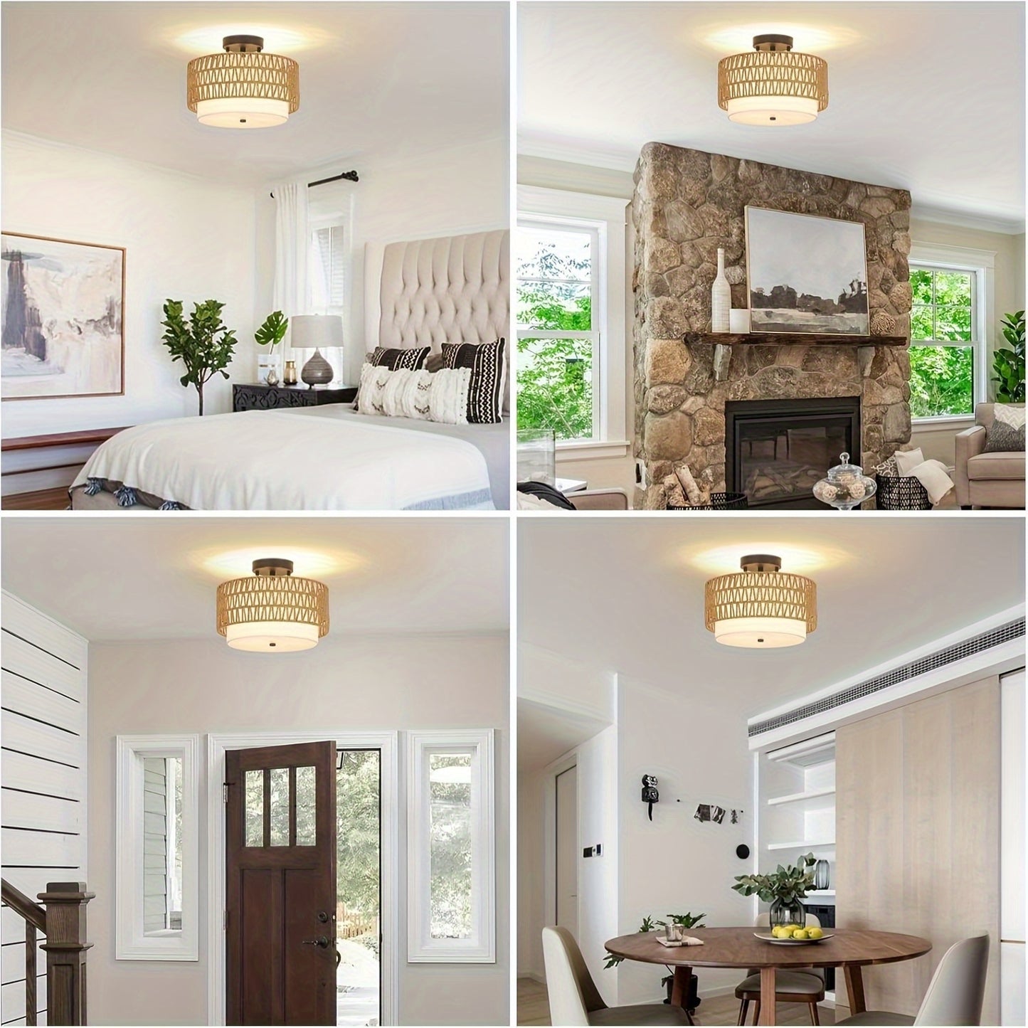 Luminária de Teto Boho em Rattan | Montagem Semi-Embutida com Abajur de Linho