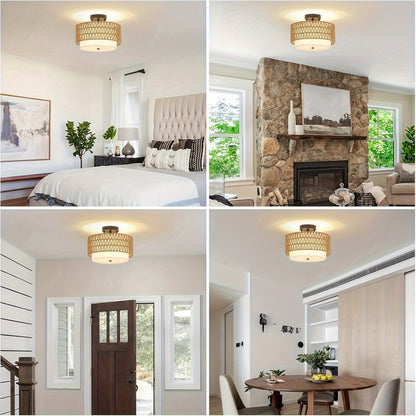 Luminária de Teto Boho em Rattan | Montagem Semi-Embutida com Abajur de Linho