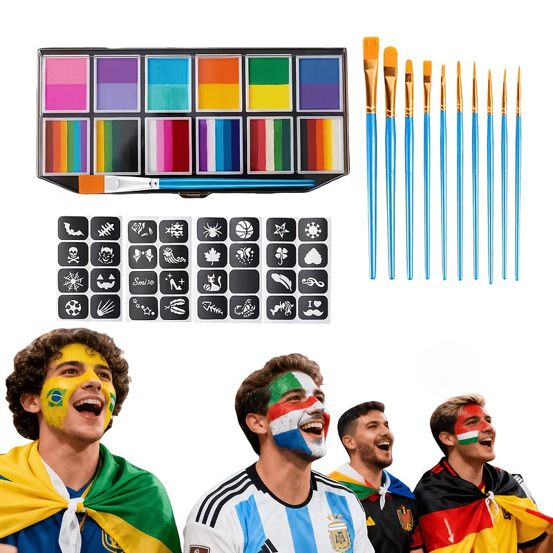 Set de vopsea pentru față cu tematică de minge de fotbal, culori neon, pentru festivaluri și evenimente
