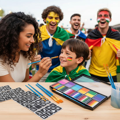 Set de vopsea pentru față cu tematică de minge de fotbal, culori neon, pentru festivaluri și evenimente