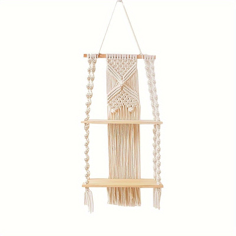 Prateleira de Parede Boho em Macramé | Estante Suspensa de 2 Níveis