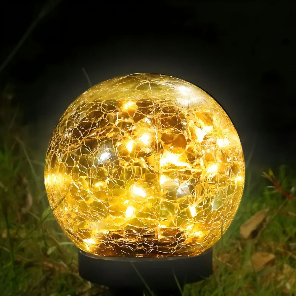 Luci solari Sfera di vetro crepitante a forma di globo per sentieri con bagliore esterno