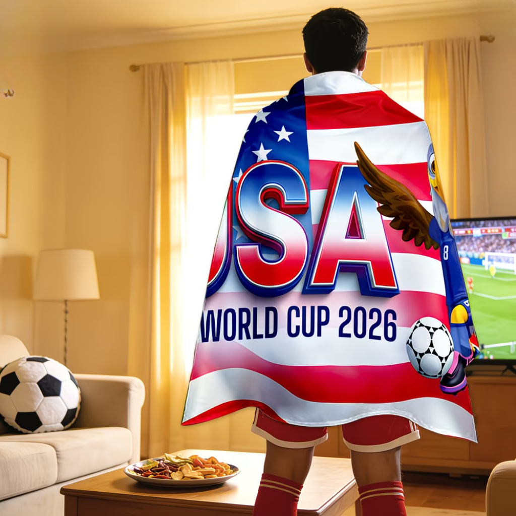 Mantello da tifoso di calcio con bandiera USA per la Coppa del Mondo, giorno della partita, sostenitore