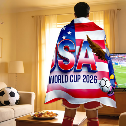 Mantello da tifoso di calcio con bandiera USA per la Coppa del Mondo, giorno della partita, sostenitore