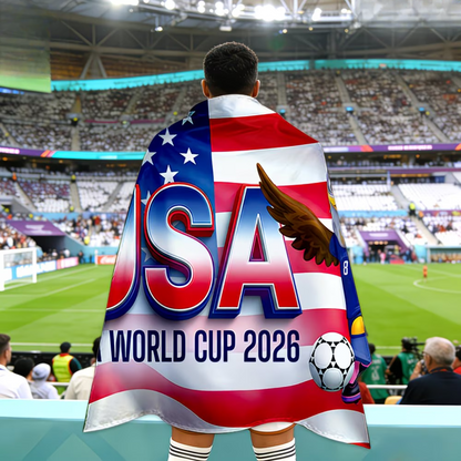 Mantello da tifoso di calcio con bandiera USA per la Coppa del Mondo, giorno della partita, sostenitore