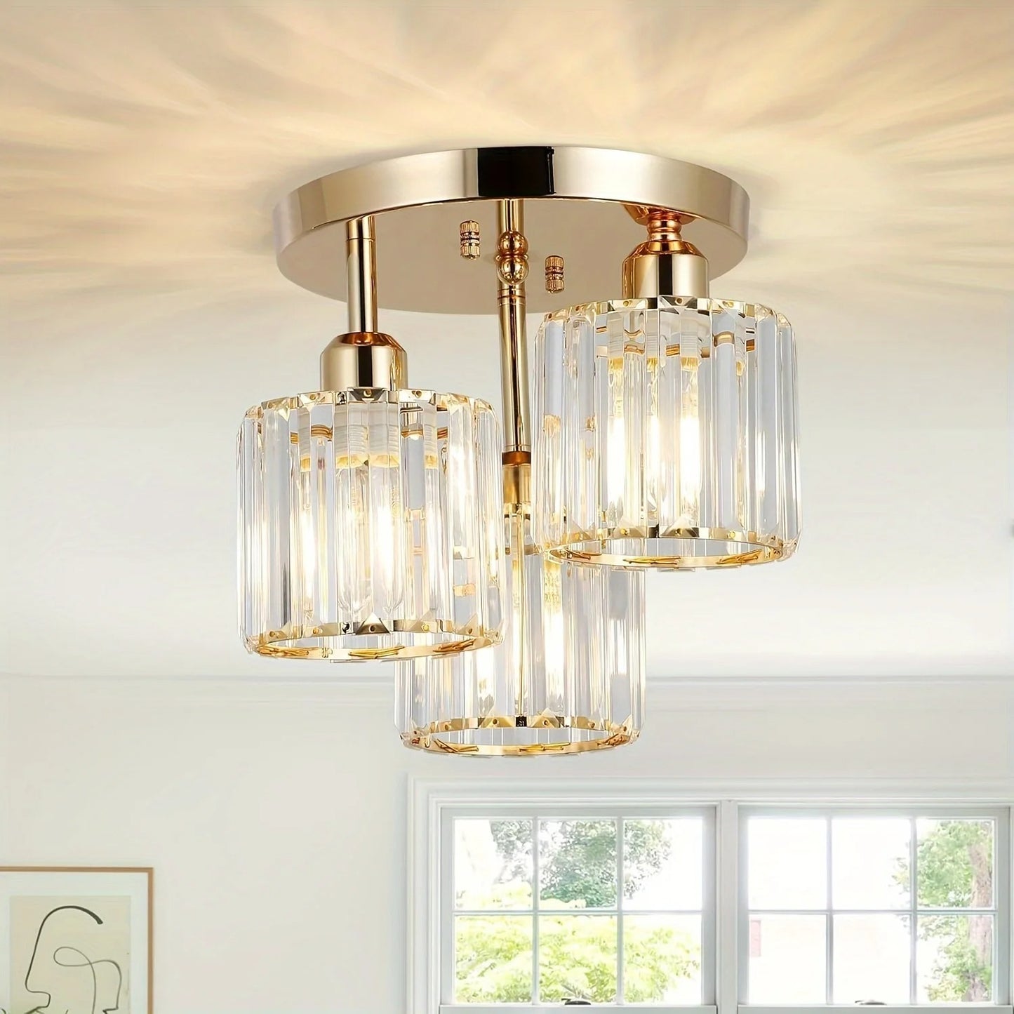 Moderne Guld Luksus Krystalloftlampe | 3-lyset Halvindbygget Loftlampe