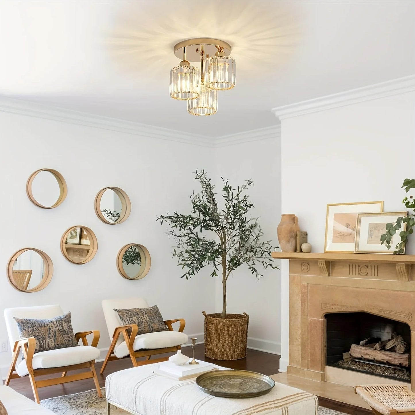 Moderne Guld Luksus Krystalloftlampe | 3-lyset Halvindbygget Loftlampe