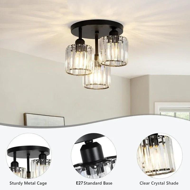 Modern Gold Luxury Crystal Ceiling Light | 3-Light Semi Flush Mount