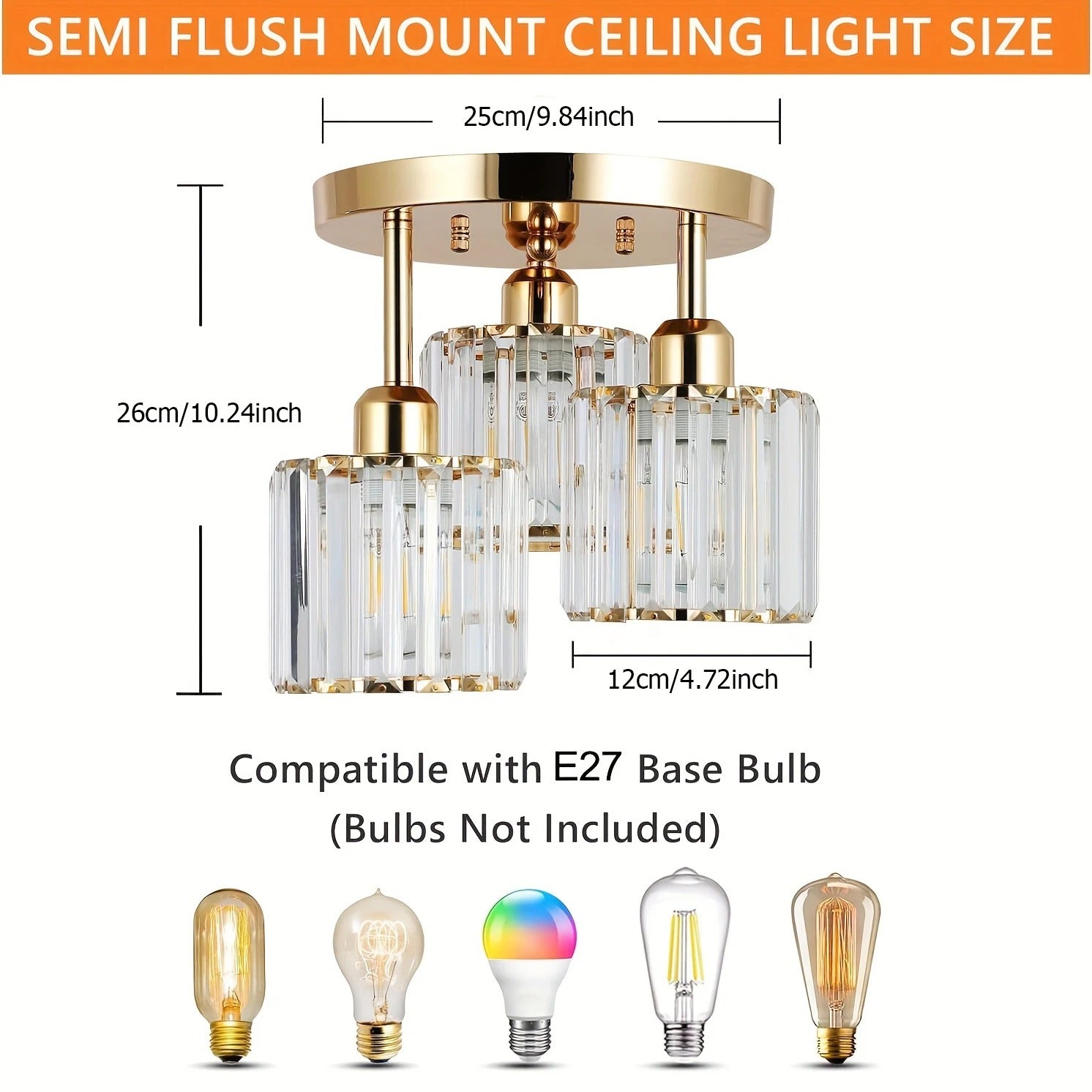 Modern Gold Luxury Crystal Ceiling Light | 3-Light Semi Flush Mount