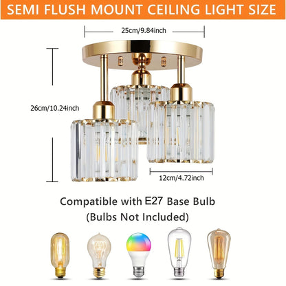 Moderne Guld Luksus Krystalloftlampe | 3-lyset Halvindbygget Loftlampe