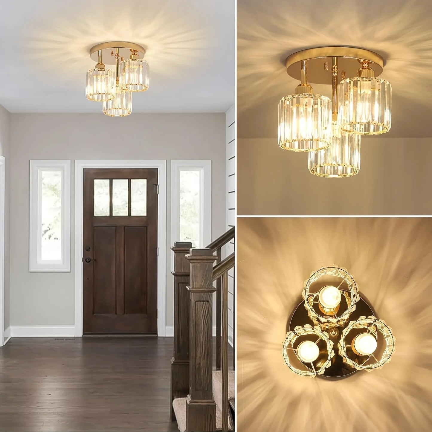 Moderne Guld Luksus Krystalloftlampe | 3-lyset Halvindbygget Loftlampe