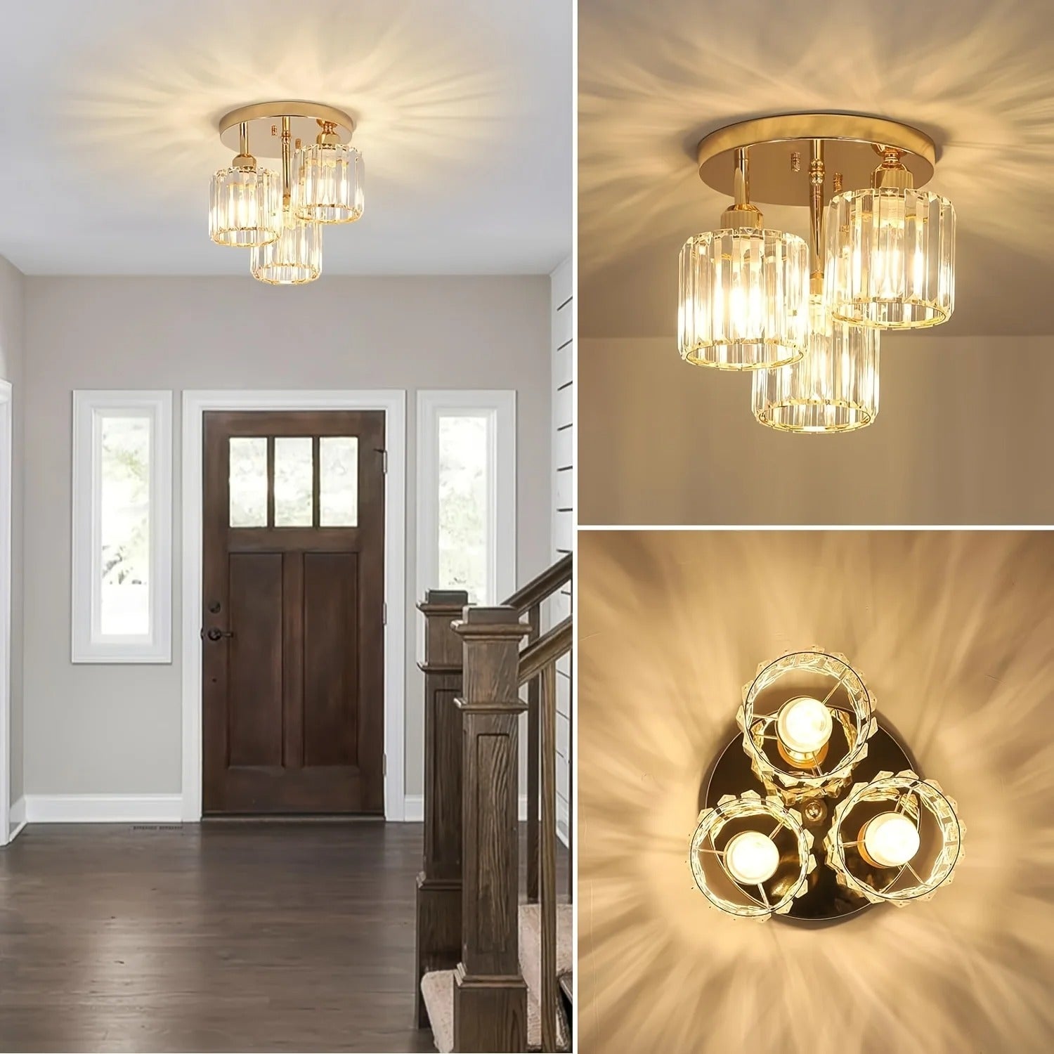 Modern Gold Luxury Crystal Ceiling Light | 3-Light Semi Flush Mount