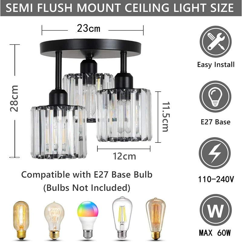 Modern Gold Luxury Crystal Ceiling Light | 3-Light Semi Flush Mount