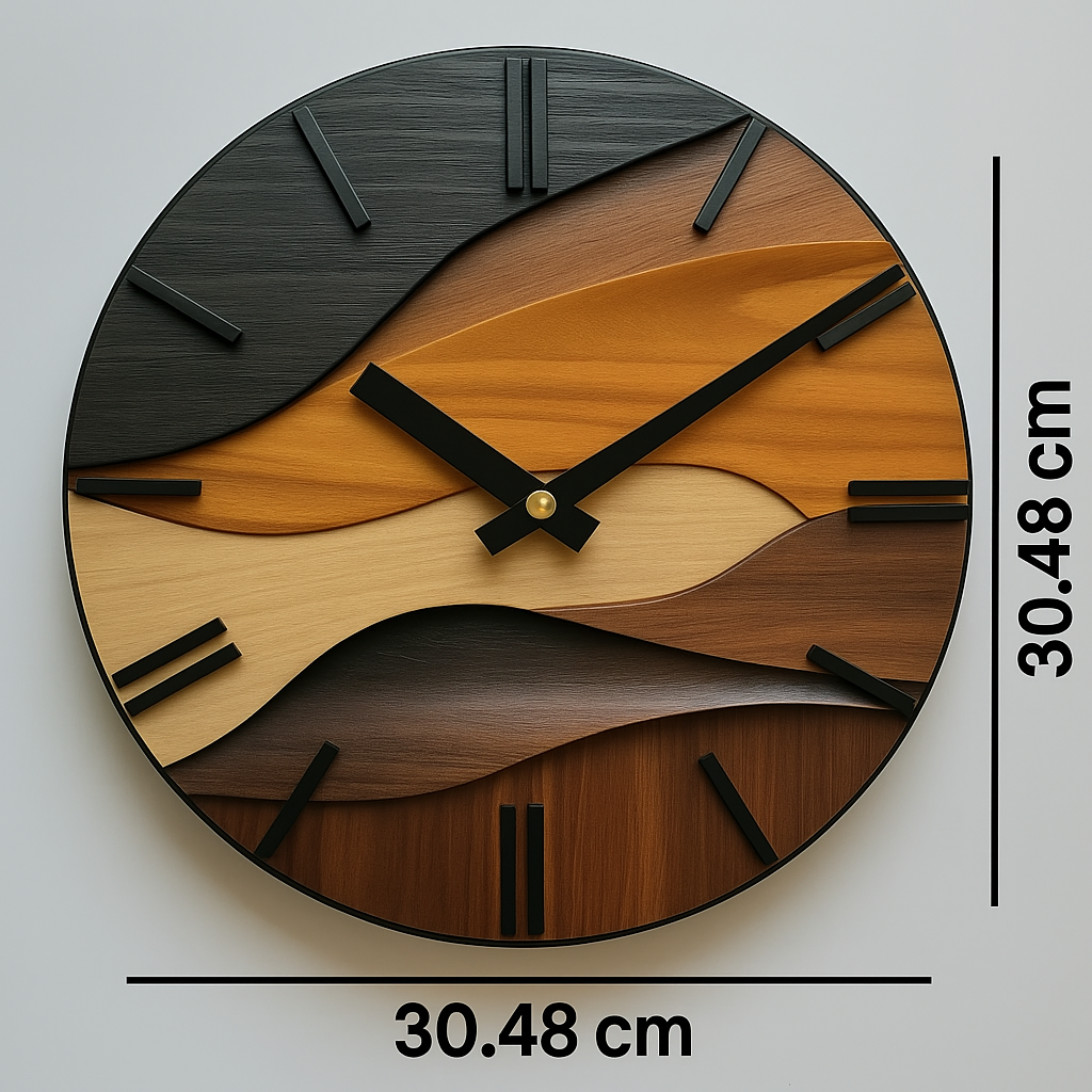 Artistic Round Glass Wall Clock | Nordic Style Faux Wood Grain Design