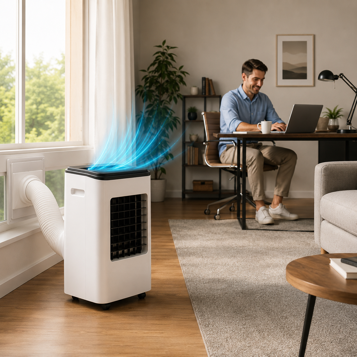 Man using a laptop in a home office with a portable air conditioner.

