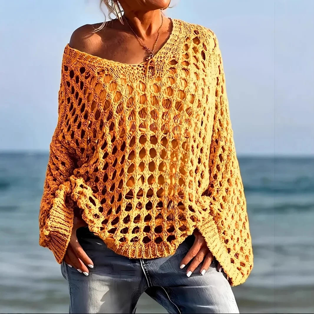 Damen Überwurf Häkelpullover Locker sitzendes Strandpullover-Top