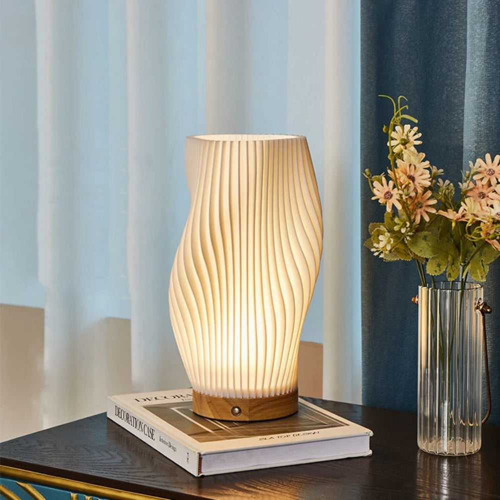 Table Lamp Modern Wave USB Dimmable Wood Base LED Light - Image 7