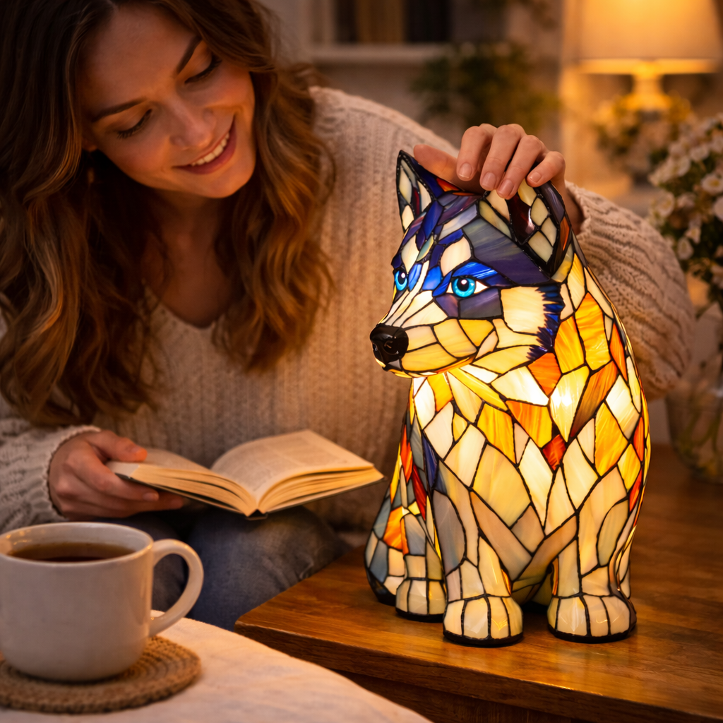 Tischlampe Hund Buntglas LED Nachtlicht Dekolampe Schlafzimmer