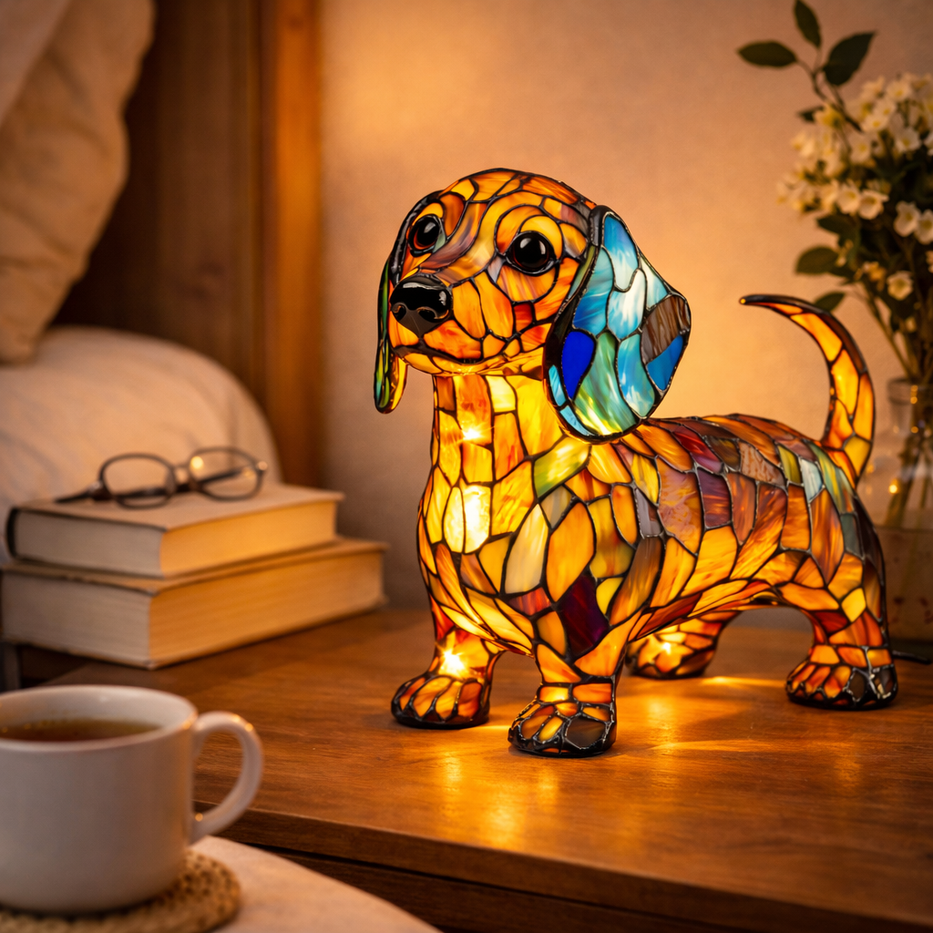 Tischlampe Hund Buntglas LED Nachtlicht Dekolampe Schlafzimmer
