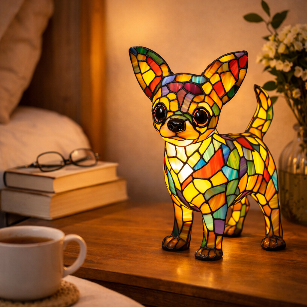 Tischlampe Hund Buntglas LED Nachtlicht Dekolampe Schlafzimmer