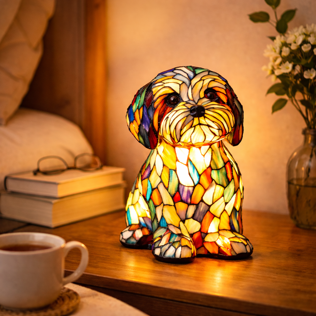 Tischlampe Hund Buntglas LED Nachtlicht Dekolampe Schlafzimmer