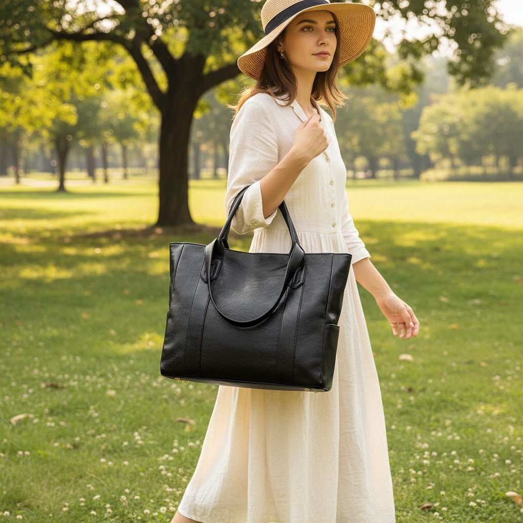 Tote Bag Faux Leather Shoulder Zip Pocket Work Handbag - Image 1