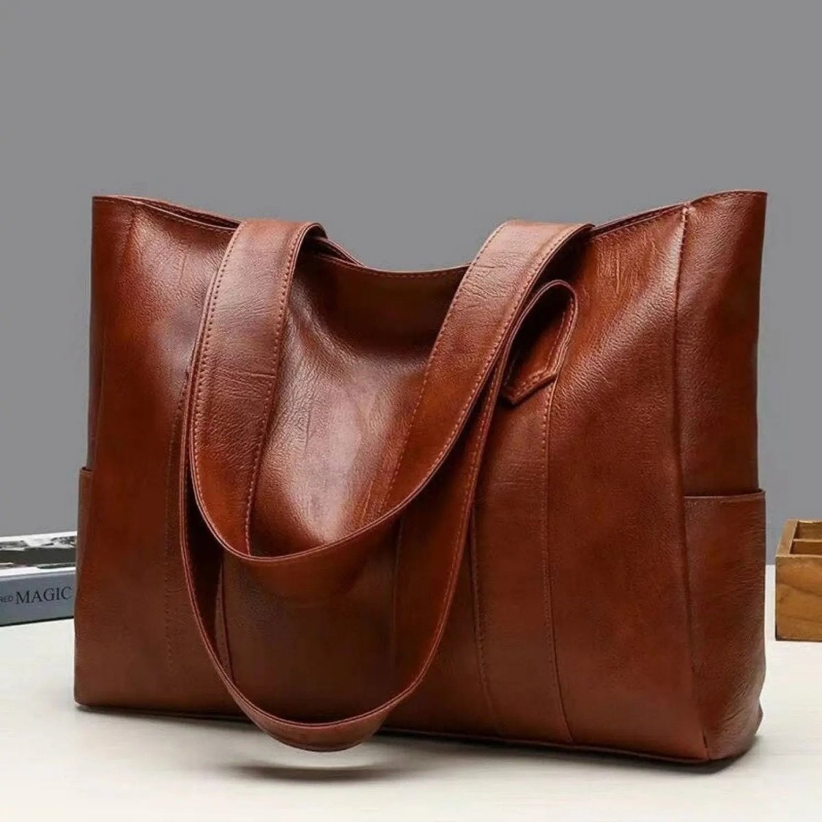 Tote Bag Faux Leather Shoulder Zip Pocket Work Handbag - Image 8