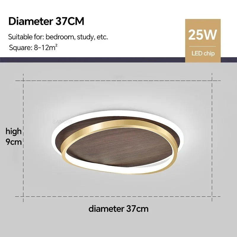 LED Modern Ceiling Lamp | Walnut & Gold Round Design