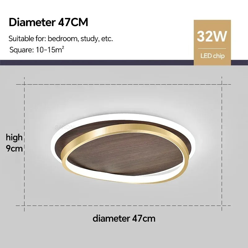 LED Modern Ceiling Lamp | Walnut & Gold Round Design