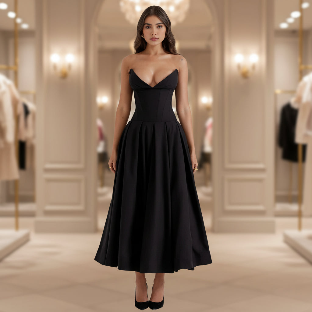 black flowy midi dress Dress Deep V Neck Summer Casual Flowy Midi Dress – DecorsDeluxe