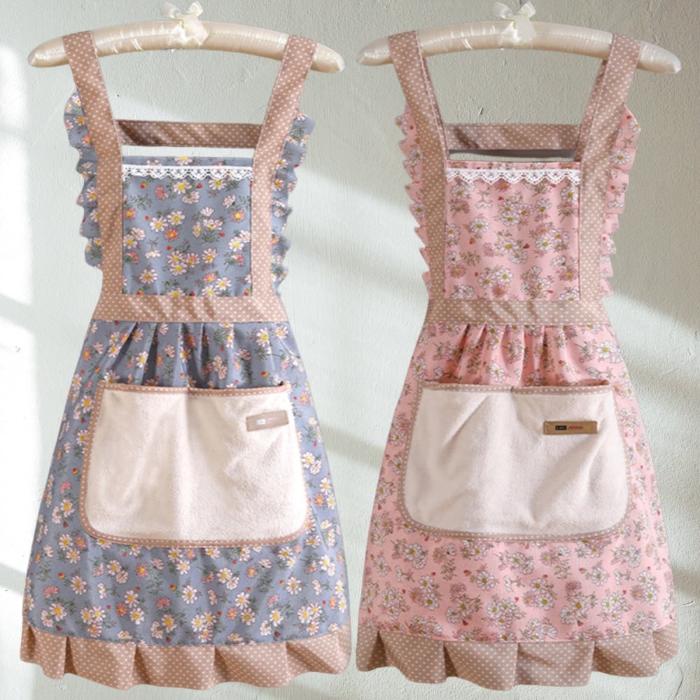 Waterproof Kitchen Floral Apron Pocket Adjustable Strap - Image 1